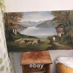 Antique Original French Oil Painting 18x30 Sheep Shepherd House River Mountain