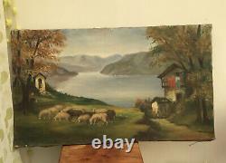 Antique Original French Oil Painting 18x30 Sheep Shepherd House River Mountain