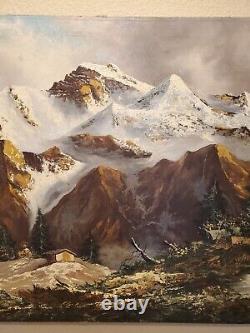 Antique Original Signed Oil Painting by J. E. Lemke Mountain Alpine Landscape