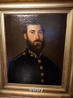 Antique Painting Oil On Canvas Portrait Officer Man France Frame Rare Old 19th