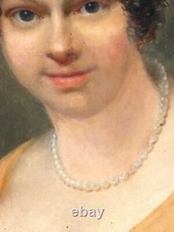Antique Painting Oil On Canvas Portrait Woman Frame Wood Lady Comb Dress 19th