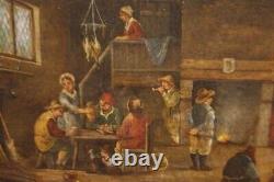 Antique Painting Oil On Canvas Representing An Inn Character Frame Rare Old 19th