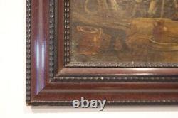 Antique Painting Oil On Canvas Representing An Inn Character Frame Rare Old 19th