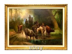 Antique Painting, Oil on Canvas on Board, Cattle, European, Signed by Heiniger