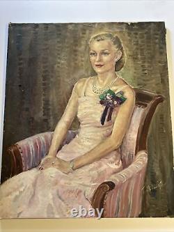 Antique Painting Portrait Pretty Woman Female Model Mid Century Porter Large NY