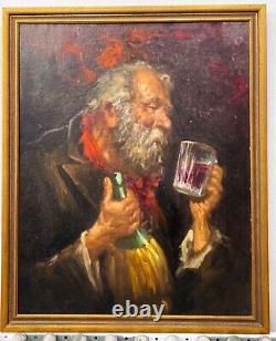 Antique Portrait, Large Original Oil on Canvas, Unsigned Old Man, Wine Bottle
