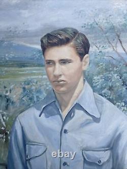 Antique Portrait Painting American Wpa Regionalism Handsome Young Man Large Oil