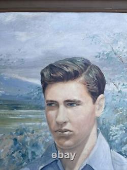 Antique Portrait Painting American Wpa Regionalism Handsome Young Man Large Oil