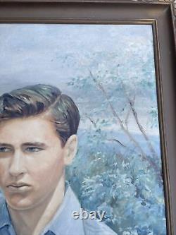 Antique Portrait Painting American Wpa Regionalism Handsome Young Man Large Oil