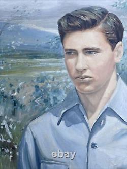 Antique Portrait Painting American Wpa Regionalism Handsome Young Man Large Oil