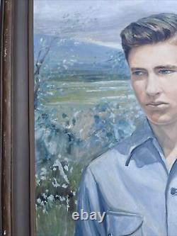 Antique Portrait Painting American Wpa Regionalism Handsome Young Man Large Oil