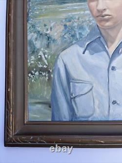 Antique Portrait Painting American Wpa Regionalism Handsome Young Man Large Oil