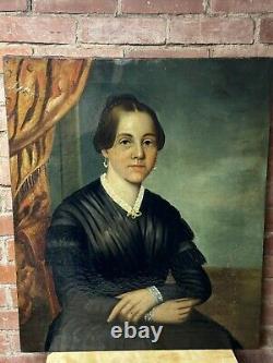 Antique Portrait of Lady w Lace Collar Oil Painting On Canvas 19th Century