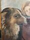 Antique Primitive Folk Art Large Shepherd Mix Dog & Child Hollyhocks Oil