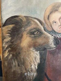 Antique Primitive Folk Art Large Shepherd Mix Dog & Child Hollyhocks Oil