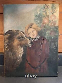 Antique Primitive Folk Art Large Shepherd Mix Dog & Child Hollyhocks Oil