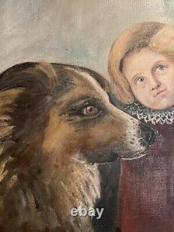 Antique Primitive Folk Art Large Shepherd Mix Dog & Child Hollyhocks Oil