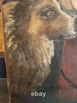 Antique Primitive Folk Art Large Shepherd Mix Dog & Child Hollyhocks Oil