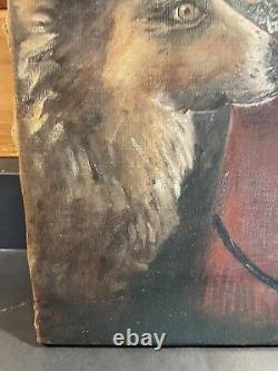 Antique Primitive Folk Art Large Shepherd Mix Dog & Child Hollyhocks Oil