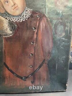 Antique Primitive Folk Art Large Shepherd Mix Dog & Child Hollyhocks Oil