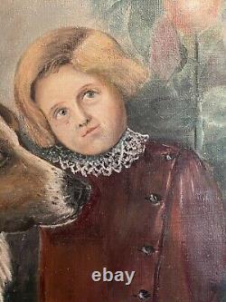 Antique Primitive Folk Art Large Shepherd Mix Dog & Child Hollyhocks Oil