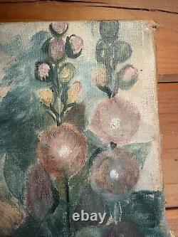 Antique Primitive Folk Art Large Shepherd Mix Dog & Child Hollyhocks Oil