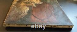 Antique Primitive Folk Art Large Shepherd Mix Dog & Child Hollyhocks Oil