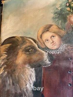 Antique Primitive Folk Art Large Shepherd Mix Dog & Child Hollyhocks Oil