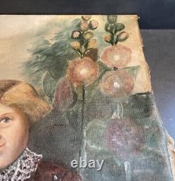 Antique Primitive Folk Art Large Shepherd Mix Dog & Child Hollyhocks Oil