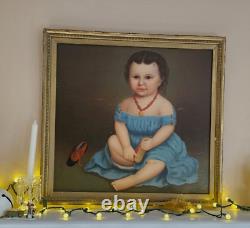 Antique Primitive Oil on Canvas Child in Turquoise Dress & Red Shoes Mid-1800s