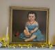 Antique Primitive Oil On Canvas Child In Turquoise Dress & Red Shoes Mid-1800s