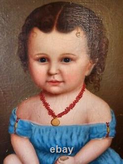 Antique Primitive Oil on Canvas Child in Turquoise Dress & Red Shoes Mid-1800s