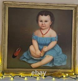 Antique Primitive Oil on Canvas Child in Turquoise Dress & Red Shoes Mid-1800s