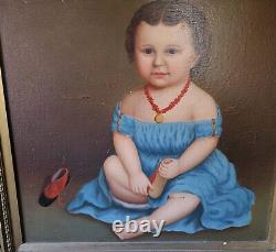 Antique Primitive Oil on Canvas Child in Turquoise Dress & Red Shoes Mid-1800s