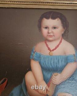 Antique Primitive Oil on Canvas Child in Turquoise Dress & Red Shoes Mid-1800s