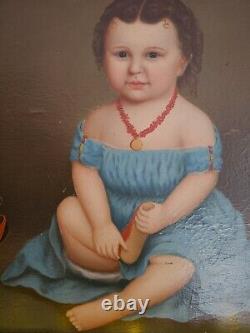 Antique Primitive Oil on Canvas Child in Turquoise Dress & Red Shoes Mid-1800s