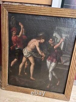 Antique Rare Large Oil on Canvas Religious Painting Flagellation of Christ 18thC