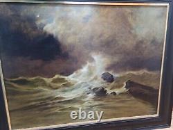 Antique Seascape Oil Painting By Lars Johnson Haukaness Christiania c. 1890