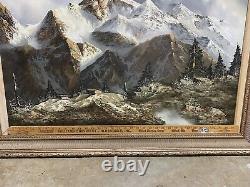 Antique Signed Oil Painting J. E. Lemke Mountain Alpine Landscape Golden Frame