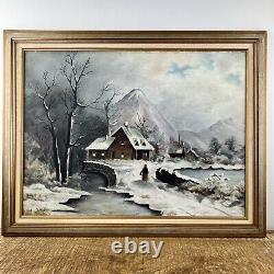 Antique Snow Landscape Oil Painting On Academy Board Mountain Cabin Scene 28