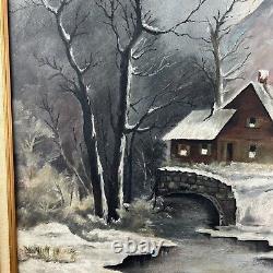 Antique Snow Landscape Oil Painting On Academy Board Mountain Cabin Scene 28