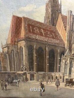 Antique St. Stephen's Gothic Cathedral Oil Painting Edvard Weie Vienna Cityscape
