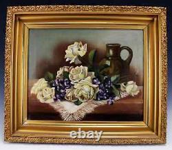 Antique Still Life, Oil on Canvas, Original Frame, Roses, 25.5 x 21.5