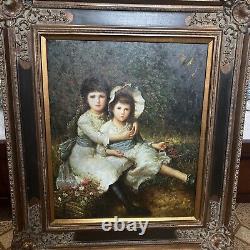 Antique Two Sisters Oil Painting On Canvas Large With Frame