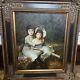 Antique Two Sisters Oil Painting On Canvas Large With Frame