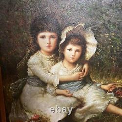 Antique Two Sisters Oil Painting On Canvas Large With Frame