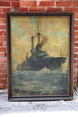 Antique US Navy Military Ship Oil Painting with frame nautical boat vintage art
