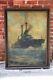 Antique Us Navy Military Ship Oil Painting With Frame Nautical Boat Vintage Art