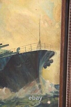 Antique US Navy Military Ship Oil Painting with frame nautical boat vintage art