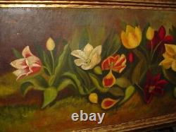 Antique Victorian Floral Yard Long Stillife Oil Painting Of Tulips O/c Framed